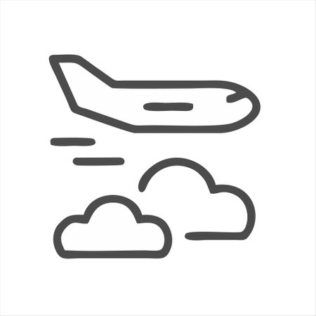 Airplane and clouds line icon, outline vector sign, linear pictogram isolated on white. Symbol, illustrationのイラスト素材