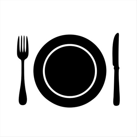 Plate, knife and fork icon. Cutlery symbol. Vector illustrationのイラスト素材