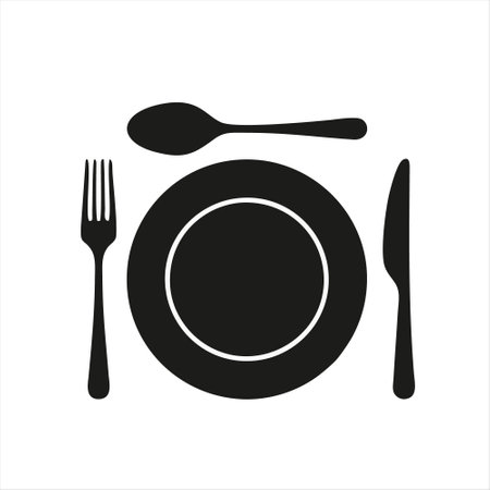 Plate, knife and fork icon isolated on white background. Vector illustrationのイラスト素材