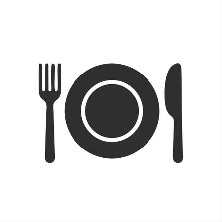 Plate, knife and fork icon. Vector illustration isolated on white background.のイラスト素材