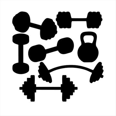 Fitness equipment icons set. Dumbbells, kettlebells, barbells, weights. Vector illustrationのイラスト素材