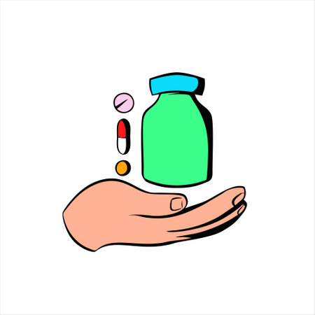 Hand holding a bottle of pills. Vector illustration in doodle style.のイラスト素材