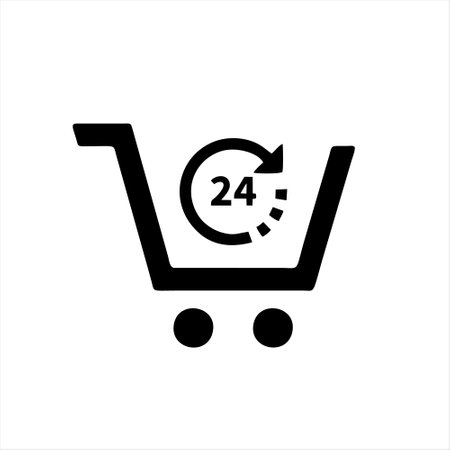 Shopping cart icon with 24 hours service symbol. Flat design.のイラスト素材