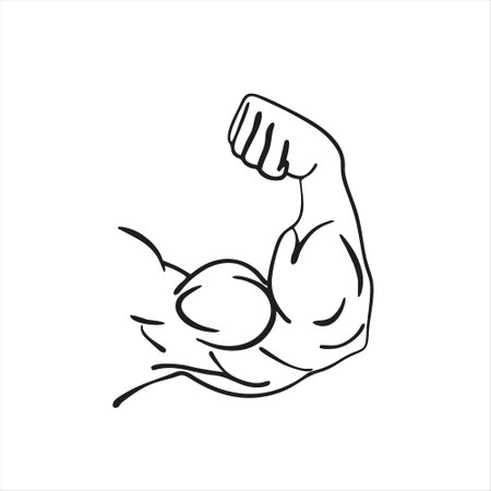 hand drawn vector illustration of strong man flexing biceps on white backgroundのイラスト素材