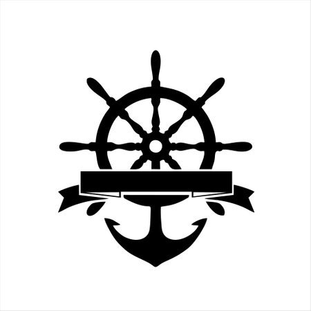 Nautical logo with steering wheel, banner and ribbon. Vector illustrationのイラスト素材