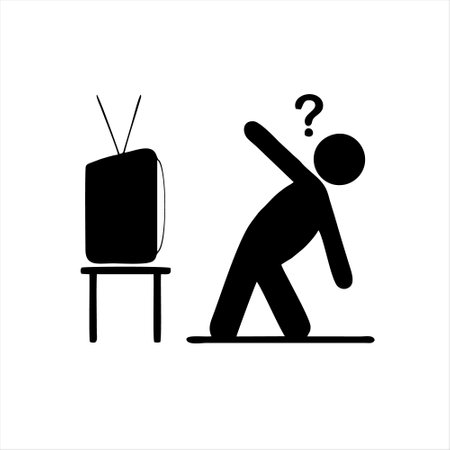 Man with TV and question mark. Black and white vector illustration.のイラスト素材
