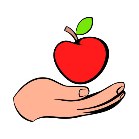 Hand holding a red apple. Vector illustration on a white background.のイラスト素材