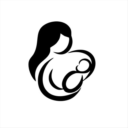 Mother holding her baby. Motherhood icon. Vector illustration on white background.のイラスト素材