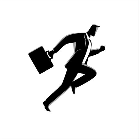 Businessman running with briefcase. Black and white vector illustration.のイラスト素材