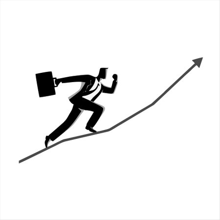 Businessman with briefcase runs up the graph. Vector illustration.のイラスト素材