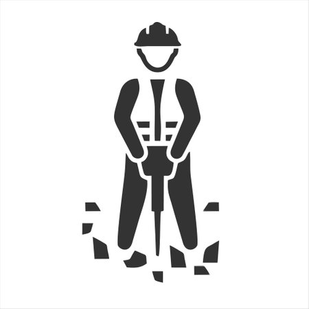 Construction worker black glyph icon. Construction worker with jackhammer. Silhouette symbol on white space. Vector isolated illustrationのイラスト素材