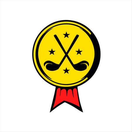 Gold medal with crossed hockey sticks on a white background. Vector illustration.のイラスト素材