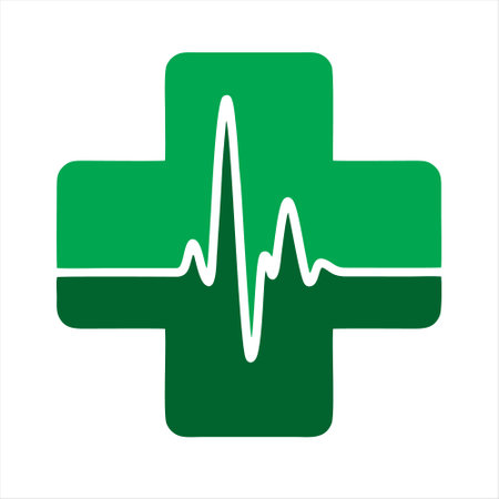 Medical cross and heart beat symbol. Green medical cross and heart beat icon.のイラスト素材