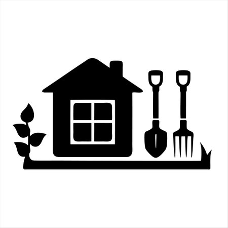 house with garden tools vector icon on white background. Vector illustration.のイラスト素材