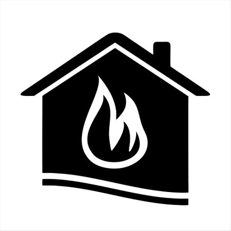 Vector icon of a house with a fire. Black and white illustration.のイラスト素材