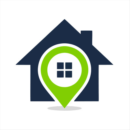 Real estate agency icon. Map pointer with house. Vector illustration.のイラスト素材