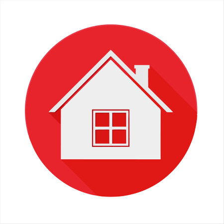 House icon on red circle with long shadow. Flat design style.のイラスト素材
