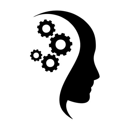 Silhouette of human head with gears inside over white background, vector illustrationのイラスト素材