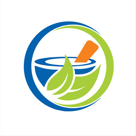 Mortar and pestle with green leaves. Vector illustration.のイラスト素材