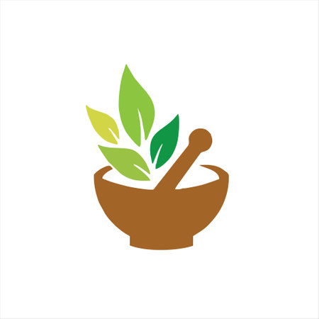 Mortar and pestle with green leaves. Vector illustration.のイラスト素材