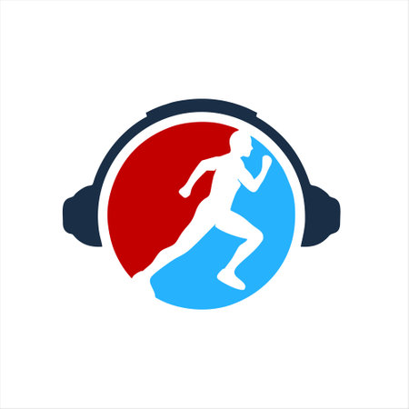 Sport vector logo template. Running man in headphones. Vector illustration.のイラスト素材