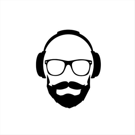 Vector illustration of a man with a beard and glasses in headphones.のイラスト素材