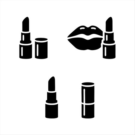 Lipstick black glyph icons set. Lipstick, lipstick, lipgloss, nail polish. Vector illustrationのイラスト素材