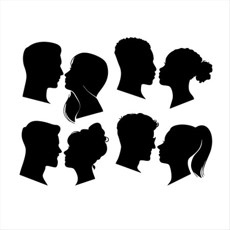 Vector set of black silhouettes of male and female heads on white backgroundのイラスト素材