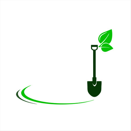 Shovel and green leaf. Gardening icon. Vector illustration.のイラスト素材