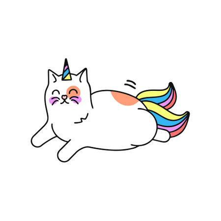 Cute cartoon cat with unicorn horn and rainbow tail. Vector illustrationのイラスト素材