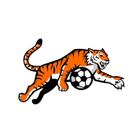 illustration of a tiger running with a soccer ball on a white backgroundのイラスト素材