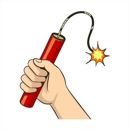 Hand holding a dynamite isolated on white background. Vector illustration.のイラスト素材
