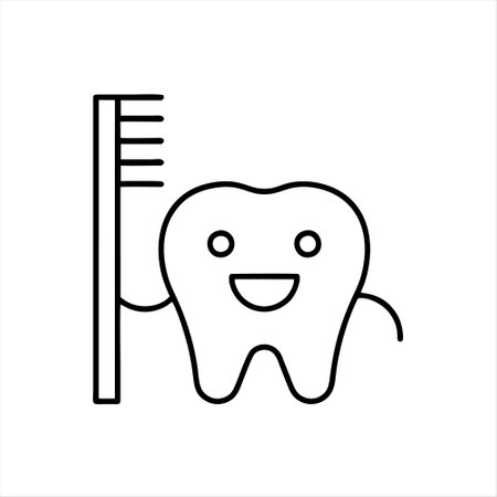 tooth with toothbrush line icon on white background. dental care conceptのイラスト素材