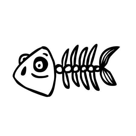 Fish skeleton. Vector illustration in doodle style. Isolated on white background.のイラスト素材