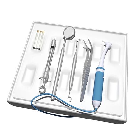 Set of stainless dentist tools, Isolated on white background. 3D renderingの写真素材