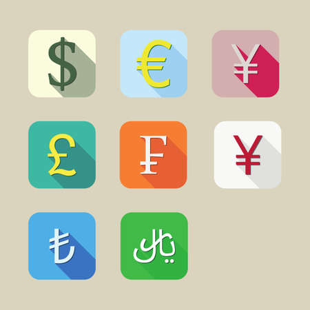 Set of Currency Symbols. Long shadow vector icons.US Dollar, Euro, Franc, GBP, Yen, Yuan, Lira, riyal.のイラスト素材