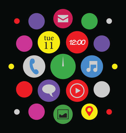 Smart watch screen with circular app icons. Gallery, Video player, Calendar, Location, Messaging, Messenger, Contact, Music player and Clock.のイラスト素材