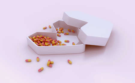 3D medicine box. Heart shaped with scattered capsules.の写真素材