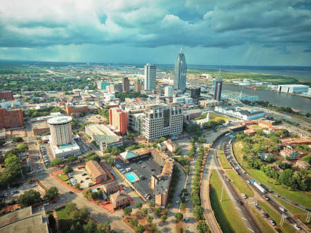 Aerial shot of downtown Mobile during summer stormの素材