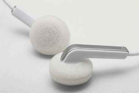 White earphones closeup shotの写真素材
