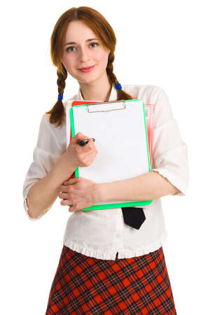 Pretty young woman with a worksheetの写真素材