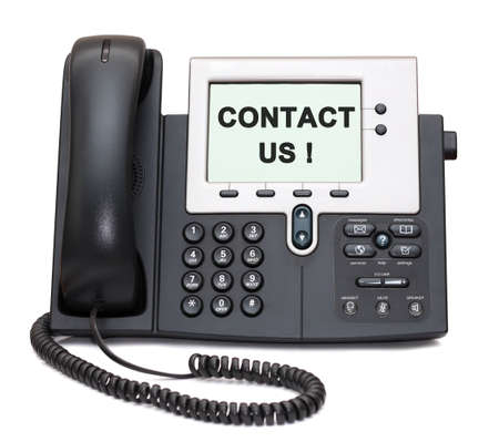 Two-channel IP Phone with "Contact us!" sign on displayの写真素材
