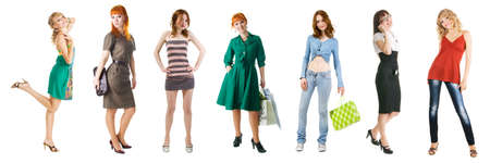 Group of young beautiful girls on shopping, isolated on white backgroundの写真素材