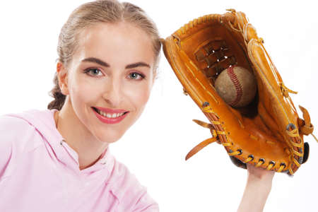 Beautiful woman with baseball equipment, isolated on white background