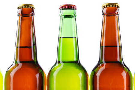 Beer bottles isolated on white background, studio still-lifeの写真素材