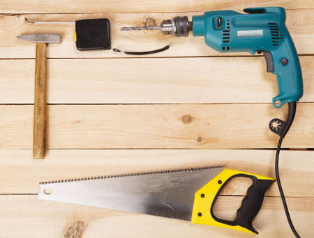 Carpenter's tools on pine desksの写真素材