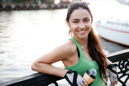 Beautiful young fit woman in cycling sportswearの写真素材