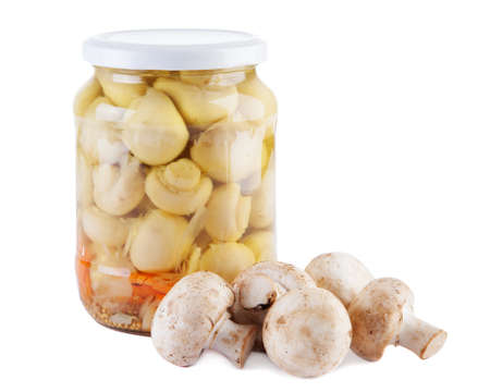 Canned mushrooms isolated on white backgroundの写真素材