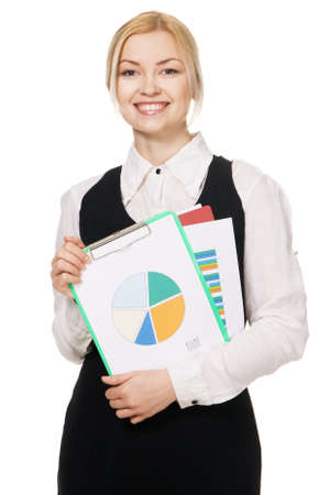 Young businesswoman with a bunch of documents, white backgroundの写真素材