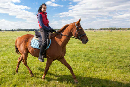 Young woman riding a horse in the countrysideの写真素材